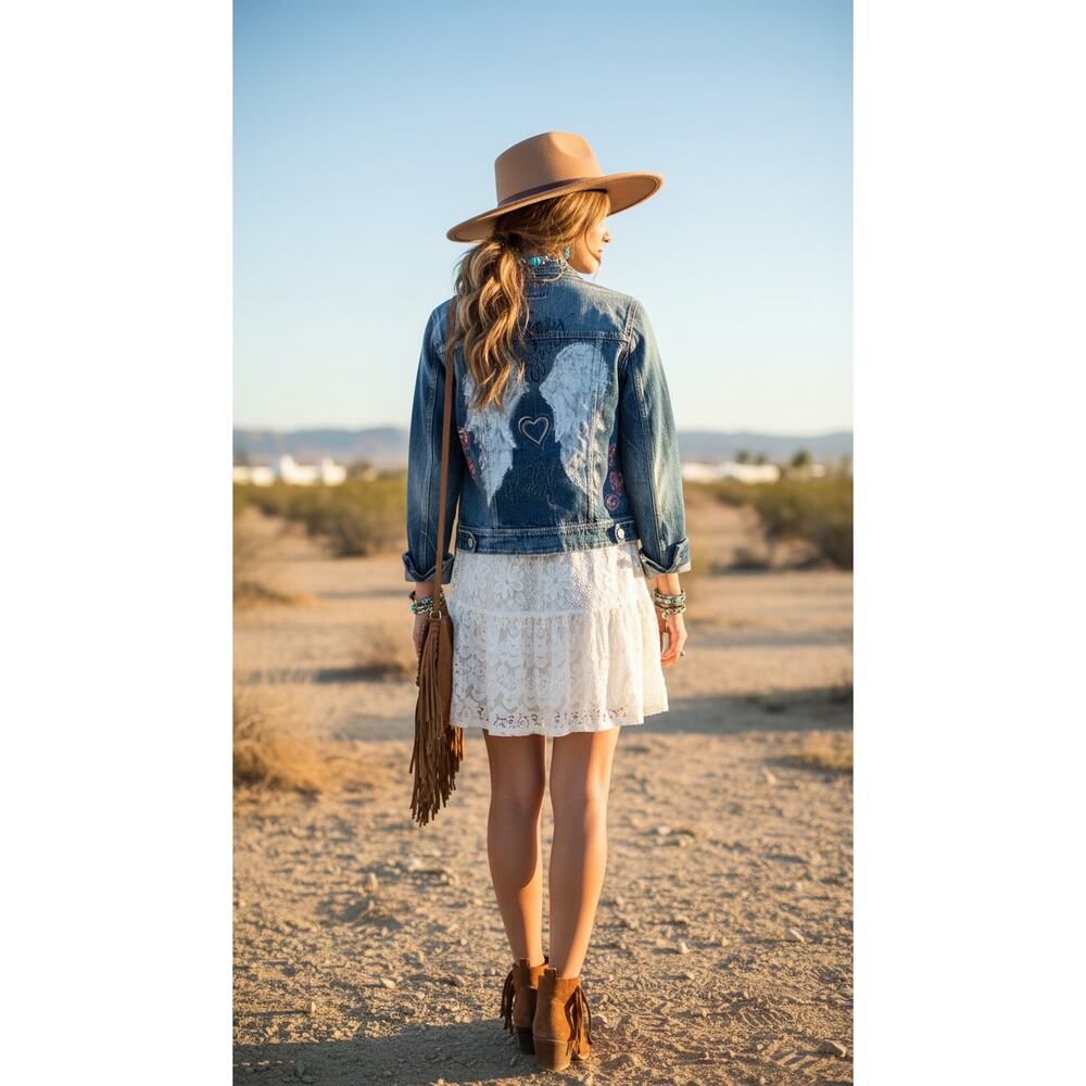 Hand Painted Angel Wings Denim Jacket S Roses Boho Festival Artwear
